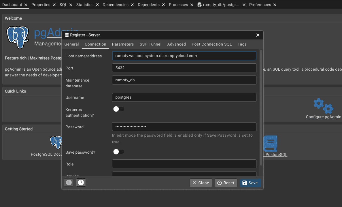 PgAdmin Connection Tab