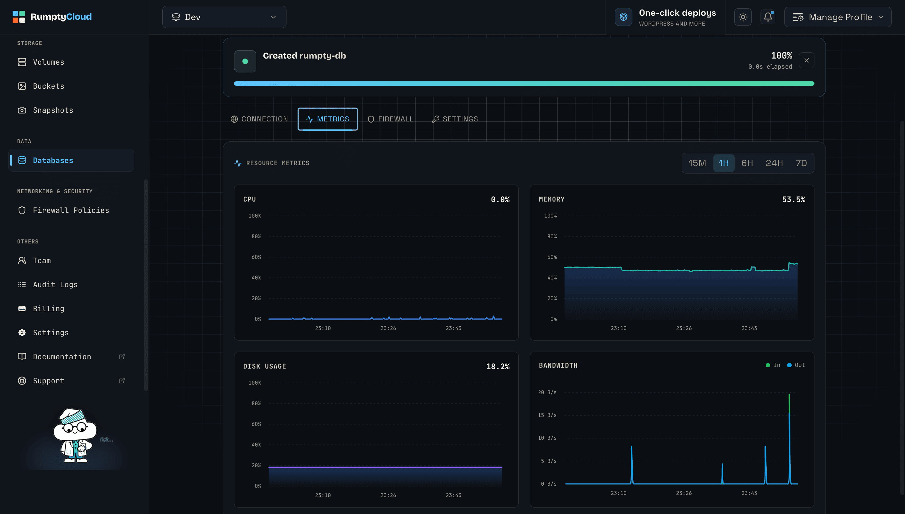 The Metrics tab, with live charts for the Database