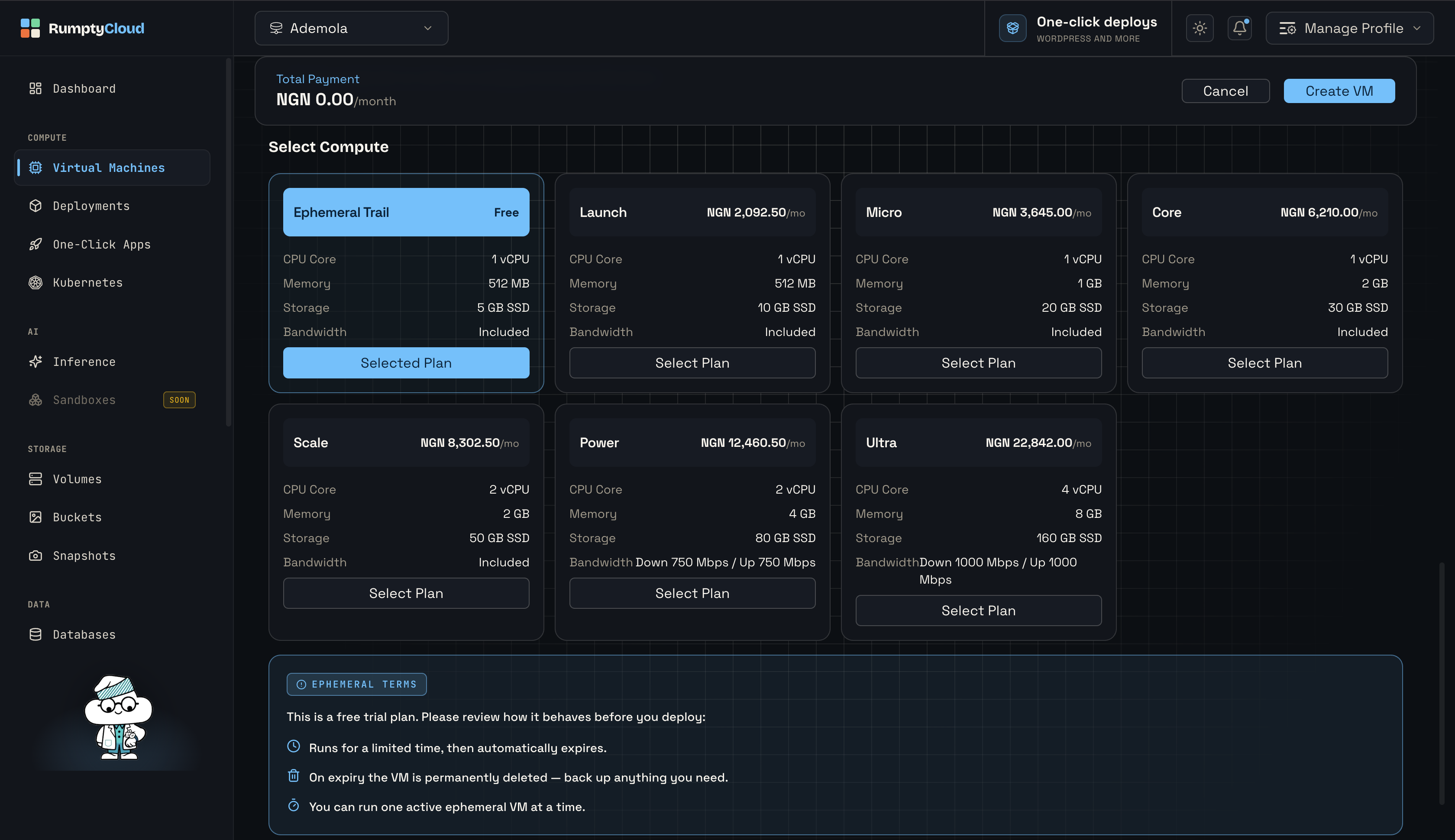 4. Compute plan — the free Ephemeral Trial plan selected on the Create VM form