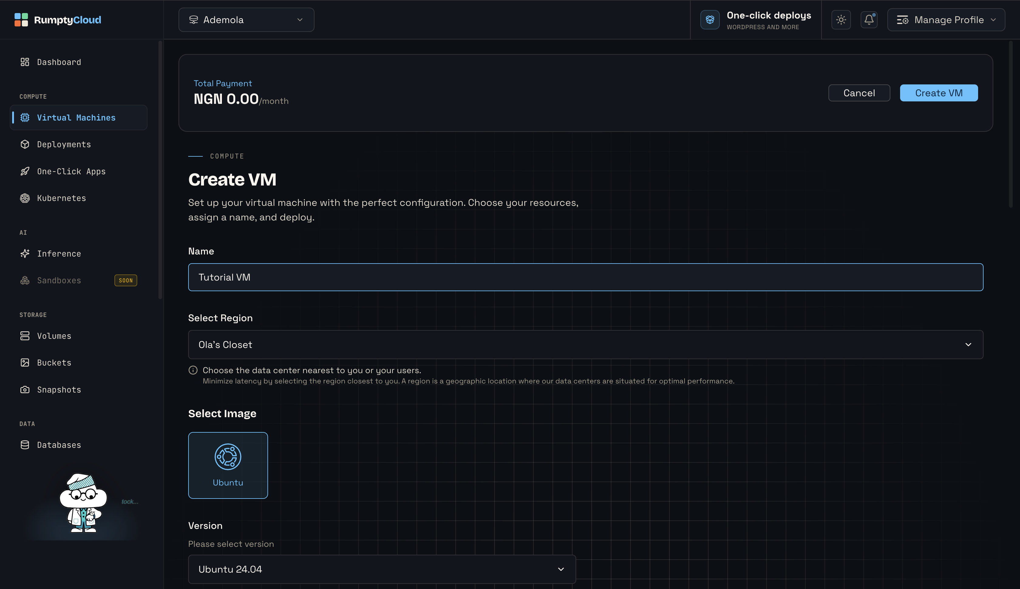 The Create VM form, with a VM name, region, and Ubuntu 24.04 image selected