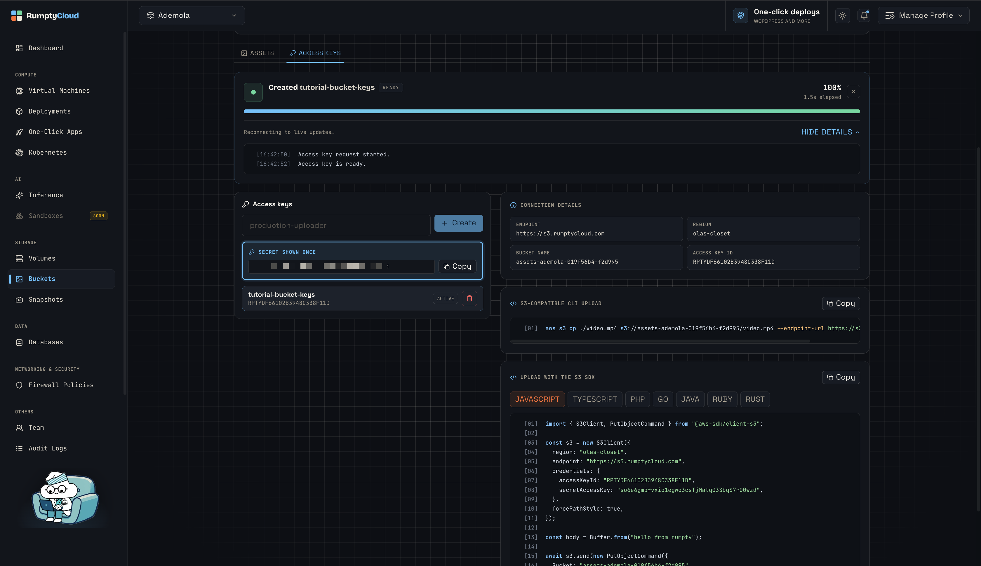 The Access keys tab after creating a key, with connection details and SDK snippets
