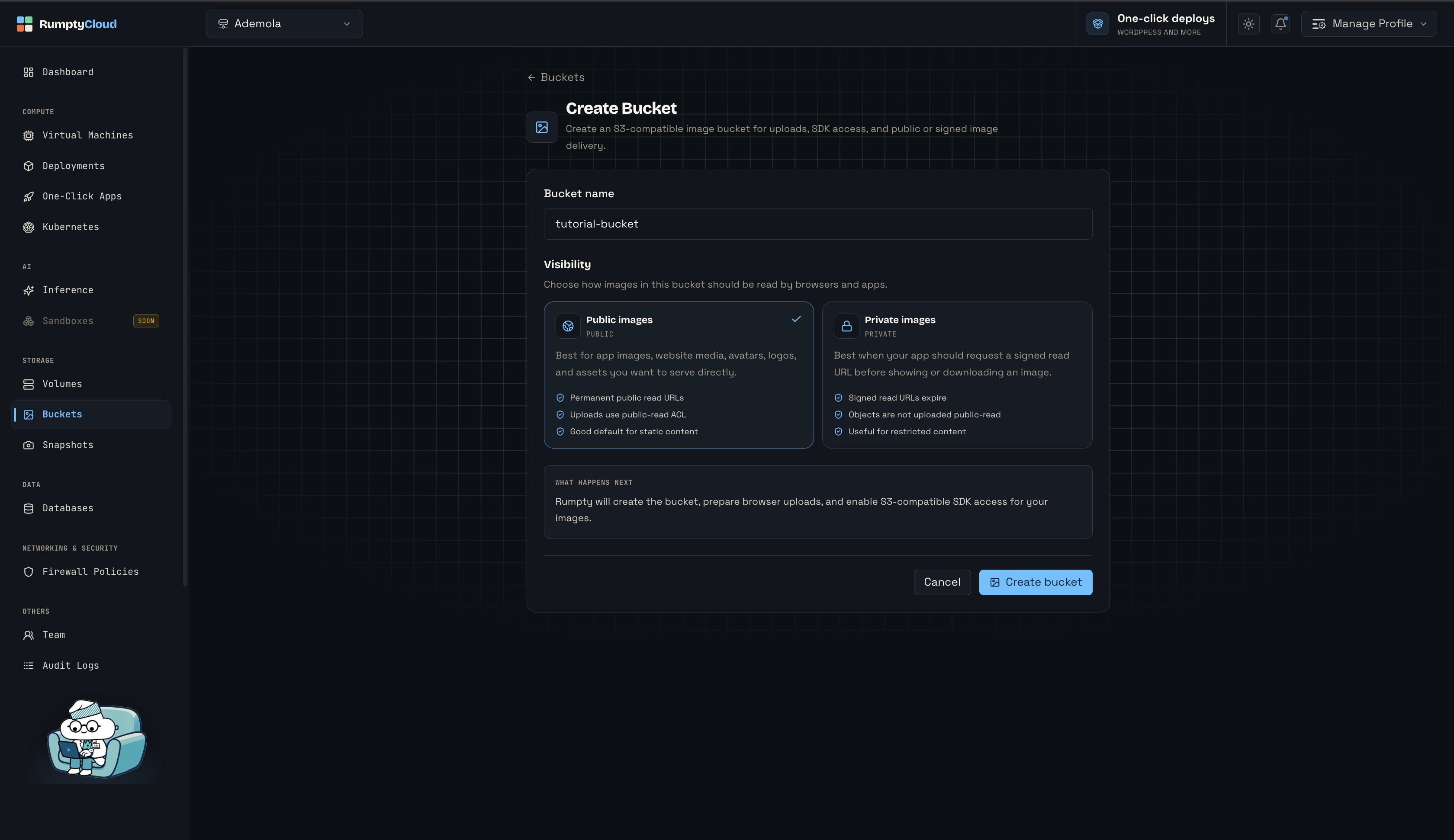The Create Bucket form, with tutorial-bucket as the name and Public images selected